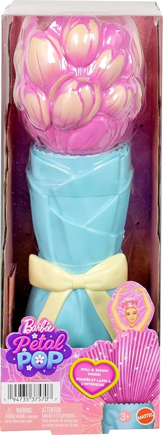 Barbie Petal Pop Scented Doll with Pink Tulip Dress & Accessories, Bouquet Reveal with Pet Bunny & Surprises Like Watering Can, Necklace & Earrings