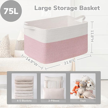 Goodpick Large Woven Blanket Basket 21.6" x 14.9" x 11.8" Storage Baskets for Organizing, Baby Laundry Hamper for Nursery Bedroom, Soft Toy Storage Baskets for Kids Girls, White & Pink