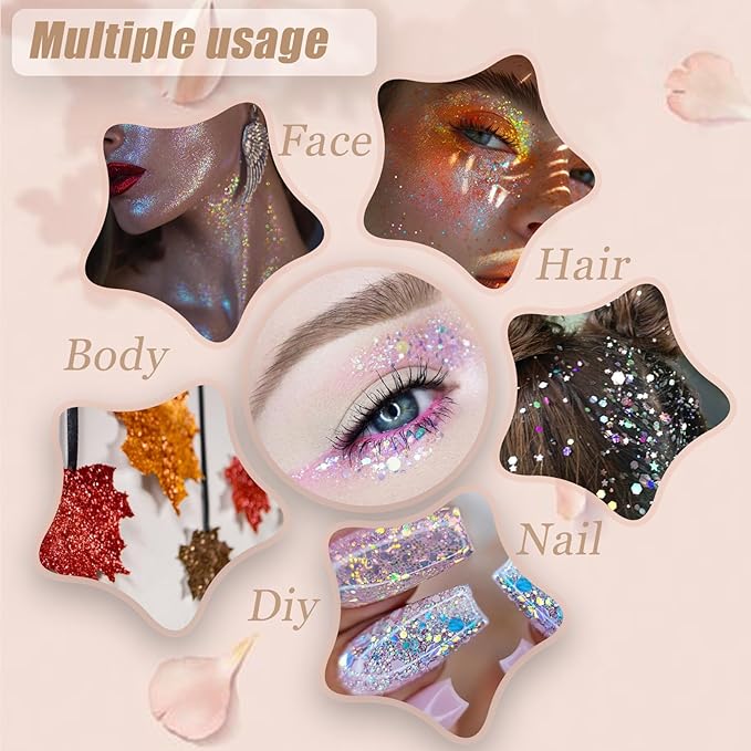 Face Body Glitter, Hair Glitter Sparkles Chunky Face Glitter Gel for Girls Makeup Singer Concerts Mermaid Festival Sequins Face Paint (White+Silver+Pink+Gold+Blue+Purple+Red)