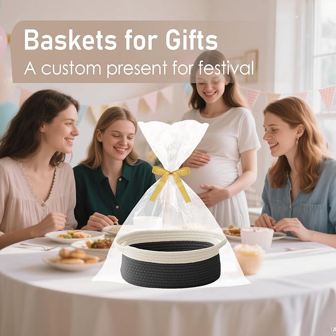 JMvicyroam Woven Basket, Small Rope Storage Bin with Handles & Ribbon Bag, Organizer for Shelves Closets,Gift Basket Empty for Birthday,Books,Dog Toys,White&Black/2 Pack