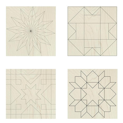 Set of Four 9 Inch Barn Quilt Kit DIY Pattern Unfinished Wood Quilting Block Sign Paintable Crafts for Women (Starburst, Aesthetic Triangles, Cottage Chic Star, Swoon) AVTRBoutique