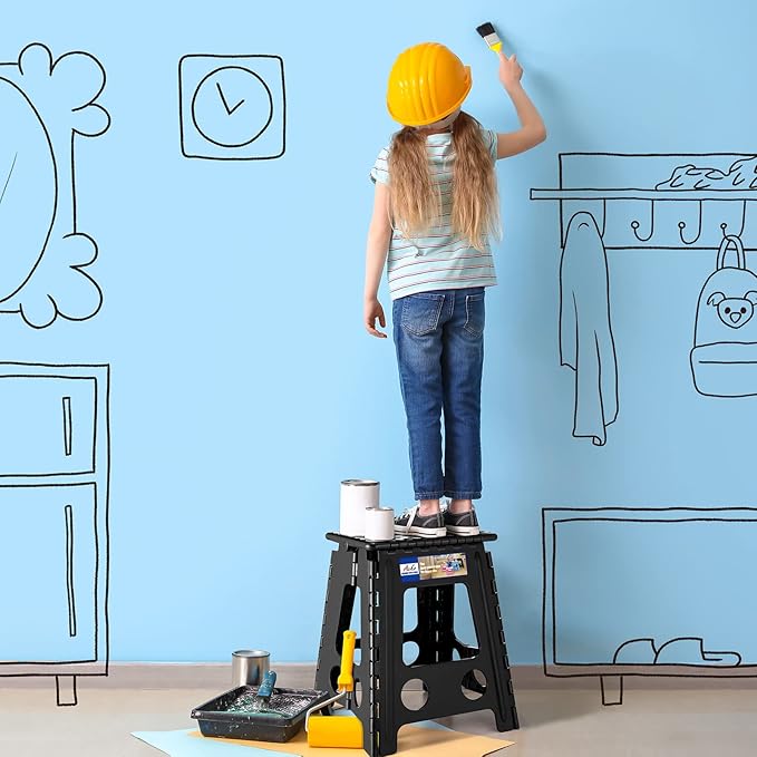 ACKO 6pack Folding Step Stool 16 Inch Stool 400 LB Weight Capacity Plastic Foldable Step Stools for Adults and Kids, Folding Stool Suitable for Kitchen, Stepping Stool with Handle Black Step Stool