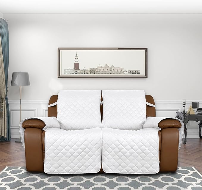 Easy-Going Loveseat Recliner Cover, Reversible Couch Cover for Double Recliner, Split Sofa Cover for Each Seat, Furniture Protector with Elastic Straps for Kids, Dogs, Pets(2 Seater, White/White)