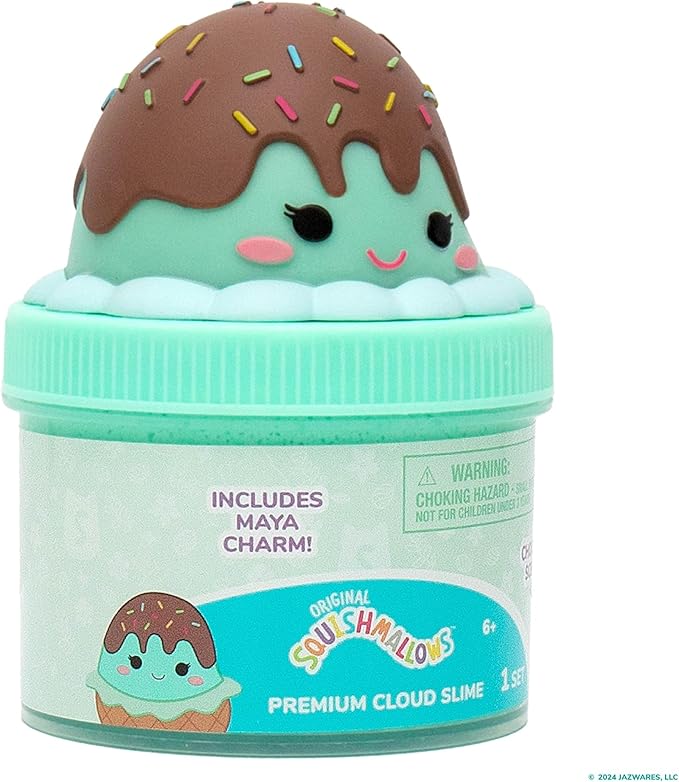 Original Squishmallows Maya the Ice Cream Premium Cloud Slime, Chocolate-Scented, 8 oz., Storage Container with Figurine Topper, Rubber Charm, Goodie Bags Stuffers, Kids Party Favors, Sensory Toys