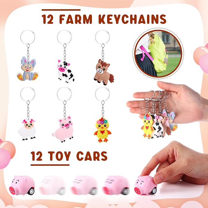 182 Pcs Farm Animals Party Favors Set Animal Models Keychains Straws Bracelets Stickers Masks Farm Paper Bags Toy Cars Gifts for Birthday Party Goody Bag Stuffer