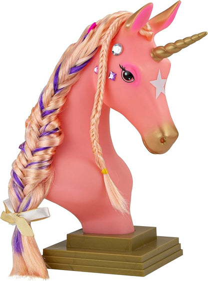 Breyer Horses Beauty Styling Head | Stardust | Pink Extra-Long Silky No Tangle Mane | 10" x 4.25" x 4.25" | Styling Book, Brush, Hair Coils, Clips, Elastics | Unicorn Toy | Model #7405