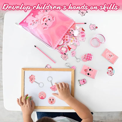 Nezyo 140 Pcs Pig Party Favors for Kids Include Pig Goodie Bags Bracelets Badges Keychains Spiral Notepads Pink Pencils and DIY Stickers for Girls Boys Birthday Baby Shower Pig Party Supplies