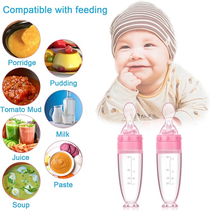 2 Pieces Silicone Baby Spoons Baby Feeding Spoon with Standing Base for Infant 0-24 Months Dispensing and Feeding (Pink)