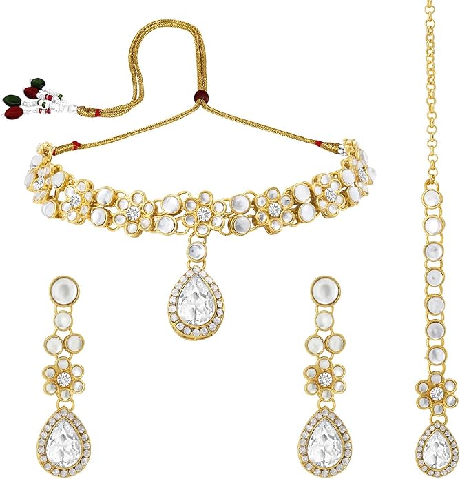 Aheli Traditional Gold Plated Kundan Beads Studded Choker Necklace Dangle Earrings & Maangtikka Set Ethnic Fashion Jewellery Gift for Women