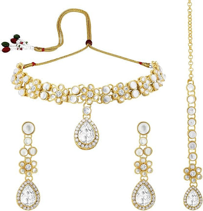 Aheli Traditional Gold Plated Kundan Beads Studded Choker Necklace Dangle Earrings & Maangtikka Set Ethnic Fashion Jewellery Gift for Women