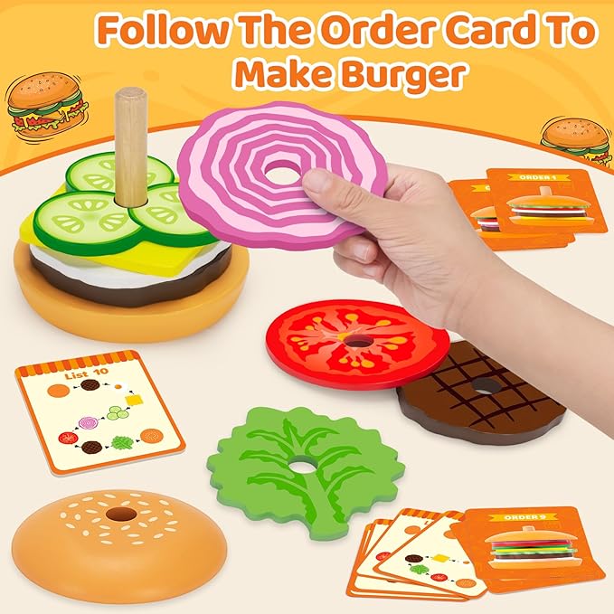 Jumlys Montessori Toys for 2, 3, 4, 5, Year Old, Wooden Burger Stacking Toys, Fine Motor Toys for Kids Boys Girls, Ideal Preschool Educational and Learning Toys, Perfect Christmas Birthday Gifts