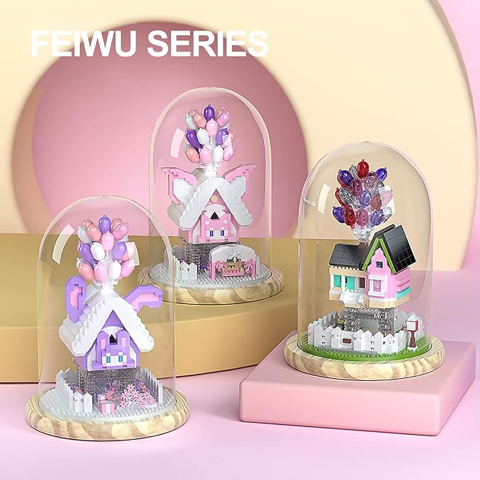 House Building Blocks Kit Toys Set, Miniature1493 Pcs Micro Bricks Collectible Creative Teen Girl Gifts Age 14 and Up, Dust Cover, and Wooden Base Up Balloon Castle Toys DIY Decoration Home