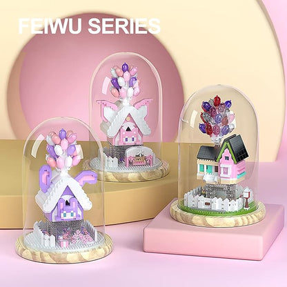 House Building Blocks Kit Toys Set, Miniature1493 Pcs Micro Bricks Collectible Creative Teen Girl Gifts Age 14 and Up, Dust Cover, and Wooden Base Up Balloon Castle Toys DIY Decoration Home