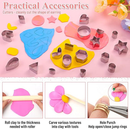Polymer Clay Earring Making Kit- 30 Clay Earring Cutters, 24 Color Polymer Clay, 8 Circle Cutters, Rollers, B7000 Glue, 640 PCS Earring Making Tools Accessories for Jewelry DIY (Instructions Include)