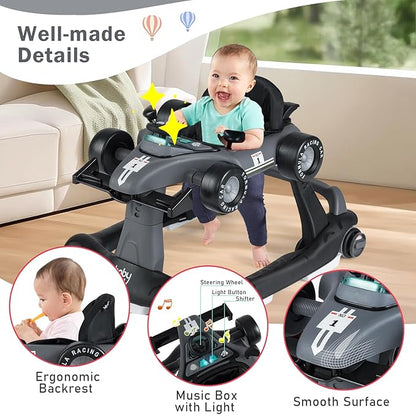 BABY JOY 4-in-1 Baby Walker, Foldable Activity Walker with Adjustable Height & Speed, Music, Lights, Anti-Rollover, Toddler Push Walker, Baby Walker with Wheels for Boys Girls 6-18 Months (Gray)