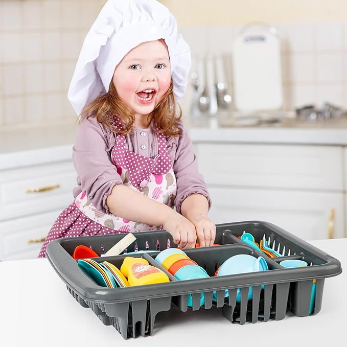 deAO 41PCS Kids Play Dishes Durable Pretend Play Kitchen Set for Kids Children Tableware Dishes Playset with Drainer - Play Kitchen Accessories for Girls Boys Kids