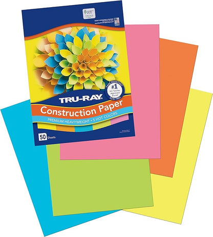 Tru-Ray Heavyweight Construction Paper, Hot Assorted Colors, 9" x 12", 50 Sheets & Construction Paper P103031, 10 Classic Colors, 9" x 12", 50 Sheets