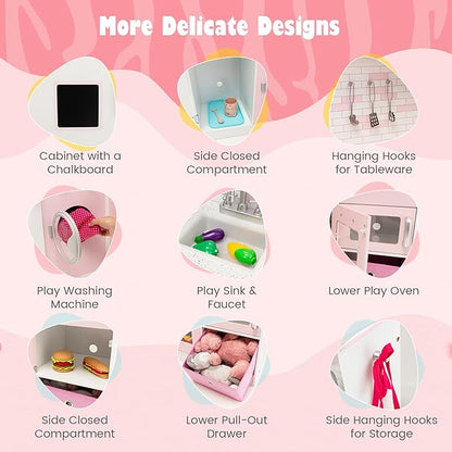 HONEY JOY Pink Corner Kids Kitchen Playset, Wooden Play Kitchen for Toddlers, Washing Machine, Range Hood, Water Dispenser, Cookware, Apron, Little Chef Pretend Toy Kitchen Set w/Lights & Sounds