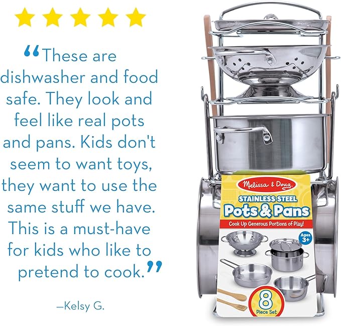 Melissa & Doug Stainless Steel Pots and Pans Pretend Play Kitchen Set for Kids (8 pcs) - Kids Kitchen Accessories Set, Toy Pots And Pans For Kids Kitchen, Cooking Toys For Kids Ages 3+
