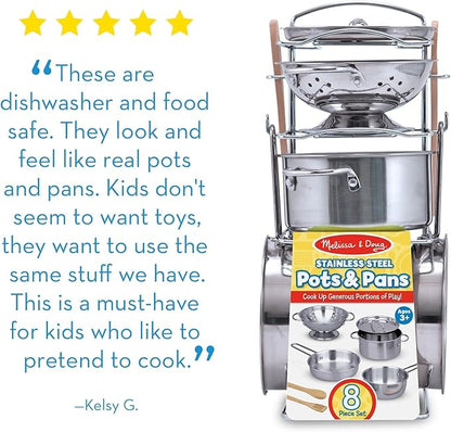 Melissa & Doug Stainless Steel Pots and Pans Pretend Play Kitchen Set for Kids (8 pcs)