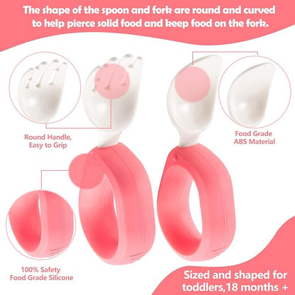 Baby Self Feeding Training Spoon and Fork Set with Travel Case, BPA-Free Cute Circle Toddler Training Utensils, Silicone/ABS Great Tableware Set Spoons Fork for Kids(Pink)