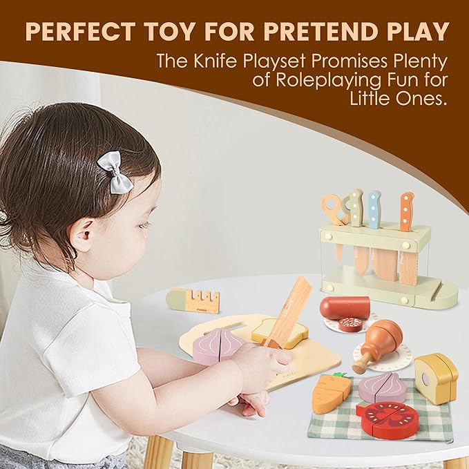 Play Knife Set, Play Kitchen Accessories, Wooden Pretend Play Food Set Toys for Kids Toddlers, Gifts for 2 3 4 Years Old Girls Boys