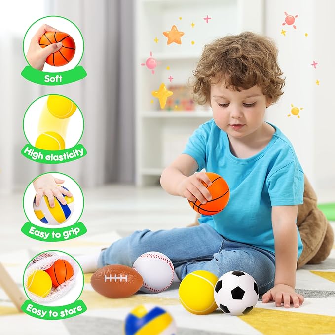 PlayZap 6 Pack Balls for Toddlers Kids, Foam Soft Balls Set, 3.5" Small Soccer Basketball Baseball Football Volleyball Tennis, Indoor Outdoor Sports Toys Gifts for Boys Girls