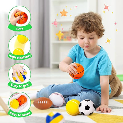 PlayZap 6 Pack Balls for Toddlers Kids, Foam Soft Balls Set, 3.5" Small Soccer Basketball Baseball Football Volleyball Tennis, Indoor Outdoor Sports Toys Gifts for Boys Girls
