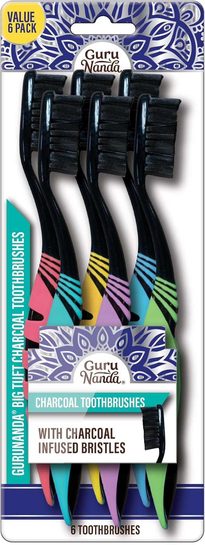 GuruNanda Charcoal Infused Toothbrush – Soft Charcoal Bristles - Helps Clean Plaque, Whitens Teeth, and Aids in Fresh Breath – BPA-Free Brush for Adults & Kids (6 Count)