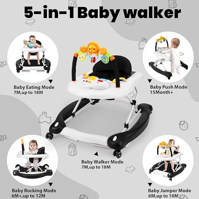 Boyro Baby Baby Walker, 5-in-1 Baby Walkers for Boys and Girls 6-12 Months with Bouncer, Removable Footrest, Feeding Tray & Music, Foldable & Adjustable Activity Walker for 6-18 Months Toddler Infant