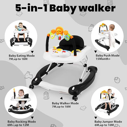 Boyro Baby Baby Walker, 5-in-1 Baby Walkers for Boys and Girls 6-12 Months with Bouncer, Removable Footrest, Feeding Tray & Music, Foldable & Adjustable Activity Walker for 6-18 Months Toddler Infant