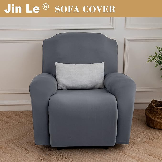 Jin Le 4 Pieces Recliner Cover Stretch Recliner Chair Cover 1 Seater Recliner Couch Covers Sofa Covers Stretch Soft Furniture Protector with Elastic Bottom and Ties for Kids Pet(Recliner, Light Gray)