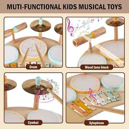 Toddlers Drum Set Toys for 1 Year Old Boy Girls,Baby Drum with Xylophone for Toddlers 1-3,Musical Instruments, Kids Wooden Montessori Toys, Christmas Birthday Gifts for Age 1 2 3+