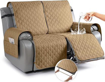 TAOCOCO 100% Waterproof Recliner Covers, Recliner Sofa Covers with Leg Straps, Reversible Recliner Couch Cover for Reclining Chair, Washable Couch Protector for Pets Kids(2 Seater, Camel)