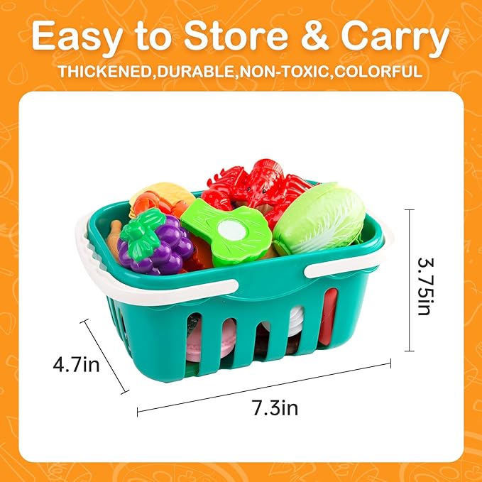 150Pcs Kitchen Playset, Toddlers Pretend Cooking Cookware Accessories, Food, Picnic Blanket, Fruits, Veges, 2Pack Shopping Storage Basket, Dessert and Prop Money, Gift for Kids (Pink)