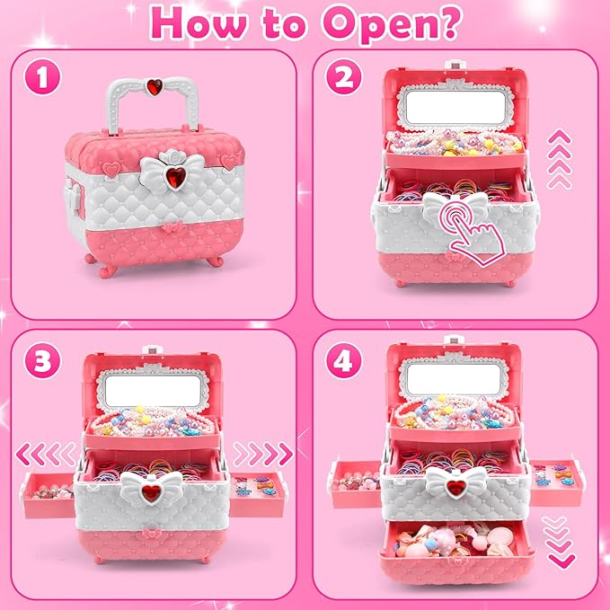 Kids Jewelry Toys for Girls Age 3 4 5 6 7 8 9 10, Toddler Dress Up Toy, Pretend Play Jewelry Set, Princess Jewelry with Hair Clips, Hair Ties, Toddler Girl Toys, Christmas Birthday Gifts for Girls