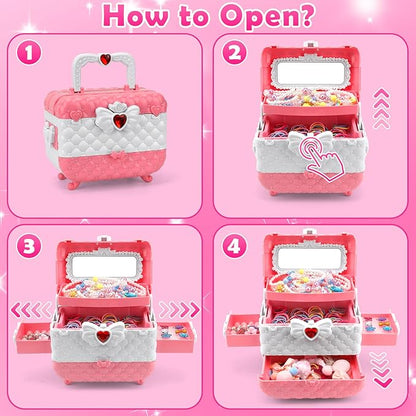 Kids Jewelry Toys for Girls Age 3 4 5 6 7 8 9 10, Toddler Dress Up Toy, Pretend Play Jewelry Set, Princess Jewelry with Hair Clips, Hair Ties, Toddler Girl Toys, Christmas Birthday Gifts for Girls