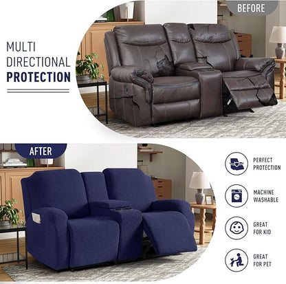 KinCam Loveseat Recliner Covers with Middle Console Slipcover, Recliner Sofa Covers 2 Seat Couch Cover Stripe Jacquard Furniture Protector Covers with Elastic Bottom for Kids, Pets (Dark Blue)