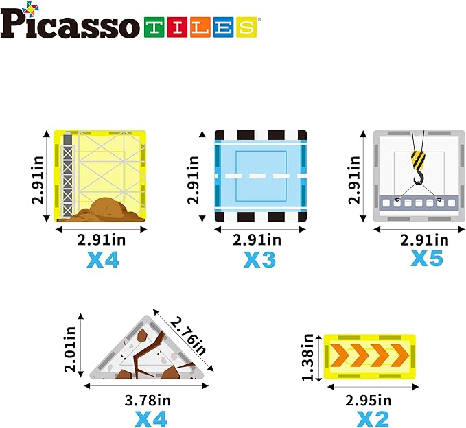 PicassoTiles Magnetic Tile Construction Set with 8 Vehicle Figures and 18 Printed Panels STEM Educational Building Kit for Kids Age 3 Plus Creative Play Learning Blocks Motor Skills Development PTQ21