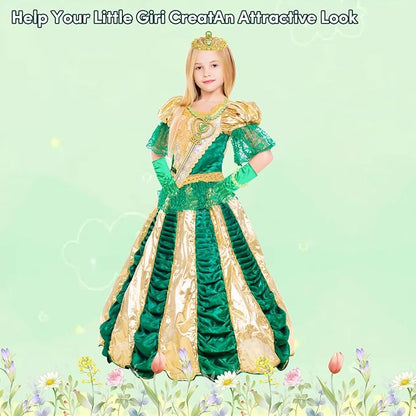 Princess Dress Up Accessories Gold Crown and Wand Set with Girls Jewelry Necklace Gloves Bracelet Princess Costume Accessories Set for Little Girls Party Birthday and Halloween(Green,Set of 5)