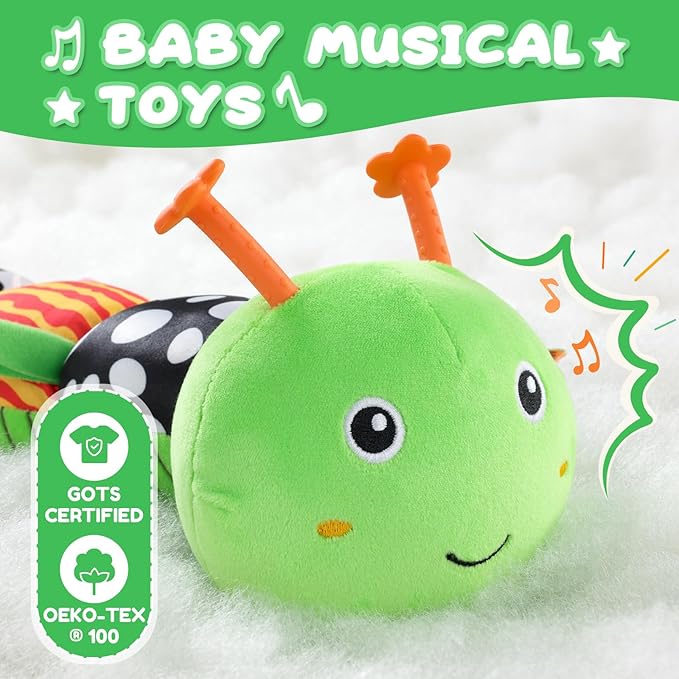 AWOTOY Baby Toys 0-6-12 Months,Musical Caterpillar Stuffed Animals Activity Infant Toys with Crinkle,Rattles,Mirror&Pull String,Muti-Sensory Toys Gifts for Newborn Tummy Time,Kelly Green|Leafy