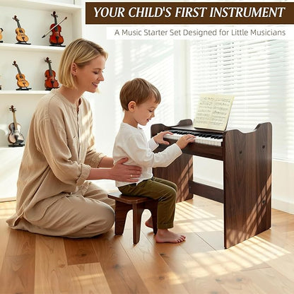 Kids Piano Keyboard, 37 Keys Digital Wood Piano with Stool Musc Stand Toddler Music Educational Instrument Toy, Xmas Birthday Gifts for 3+ Girls Boys