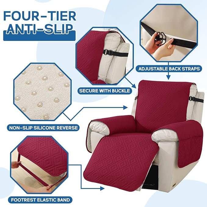 XINEAGE 100% Waterproof Recliner Cover, Non Slip Recliner Chair Cover with Elastic Band, Washable Recliner Slipcover with Storage Pockets for Kids, Pets (Wine Red, 30")