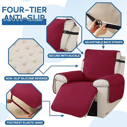 XINEAGE 100% Waterproof Recliner Cover, Non Slip Recliner Chair Cover with Elastic Band, Washable Recliner Slipcover with Storage Pockets for Kids, Pets (Wine Red, 30")