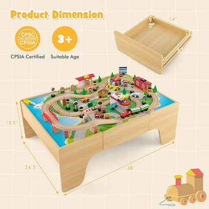 HONEY JOY Train Table, Wooden Kids Activity Table with Storage, 84 Multicolor Pieces, Tracks, Trains, Cars, Toddler Toy Train Table Set w/Reversible Tabletop, Gift for Boys Girls Ages 3+ (Natural)