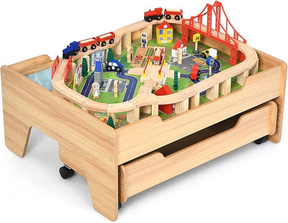 HONEY JOY Train Table, Wooden Kids Activity Table with Storage Drawer, 100 Multicolor Pieces, Tracks, Trains, Cars, Toddler Train Table Set, Gift for Boys Girls Age 3+, Natural