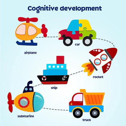 SYNARRY Wooden Vehicle Puzzles for 3 4 5 Years Old Boys Girls, Puzzles for Toddlers 2-4, Montessori Educational Toys Gifts with 6 Vehicles Transportation Puzzles, Vibrant Color Shapes