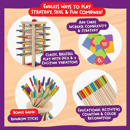 Nene Toys BALLFALL - Montessori Wooden Board Game for Kids Ages 3-9 – Educational Toy for Fine Motor Skills & Logical Thinking – Classic Family Tower Game with Colorful Sticks, Dice & Cards