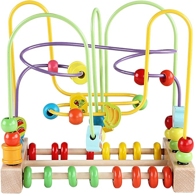 QZMTOY Wooden Toys for Toddlers, Bead Maze Toy for Toddlers with Colorful Animals Fruits Shapes, Educational Counting Learning Circle Toys for Kids, Classic Gifts for Boys Girls Baby