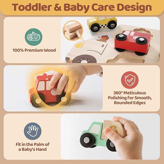 AIGIMU Wooden Toddler Puzzles,Montessori Puzzle for Toddlers 1-3,Montessori Toys for 1 2 3 Years Old Boys Girls Educational Toys with 6 Emergency and City Vehicles,Wooden Toy Cars for Toddler 1-3
